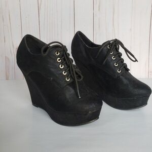 Mascotte Lace-up Platform Wedge Shoes Black Sz 7